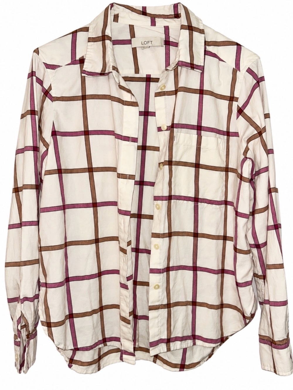 LOFT Cream Plaid Button-Down Shirt with Pink & Brown Stripes